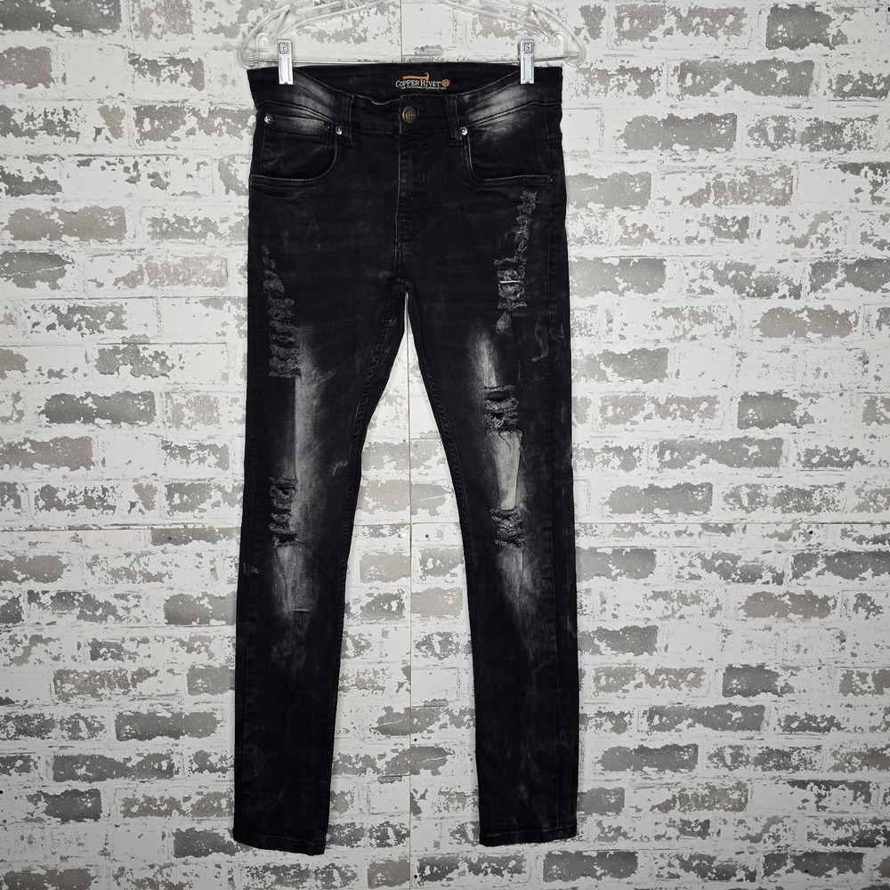 Copper Rivet Jeans Mens 30x32 Black Distressed Denim Slim Skinny Straight Leg